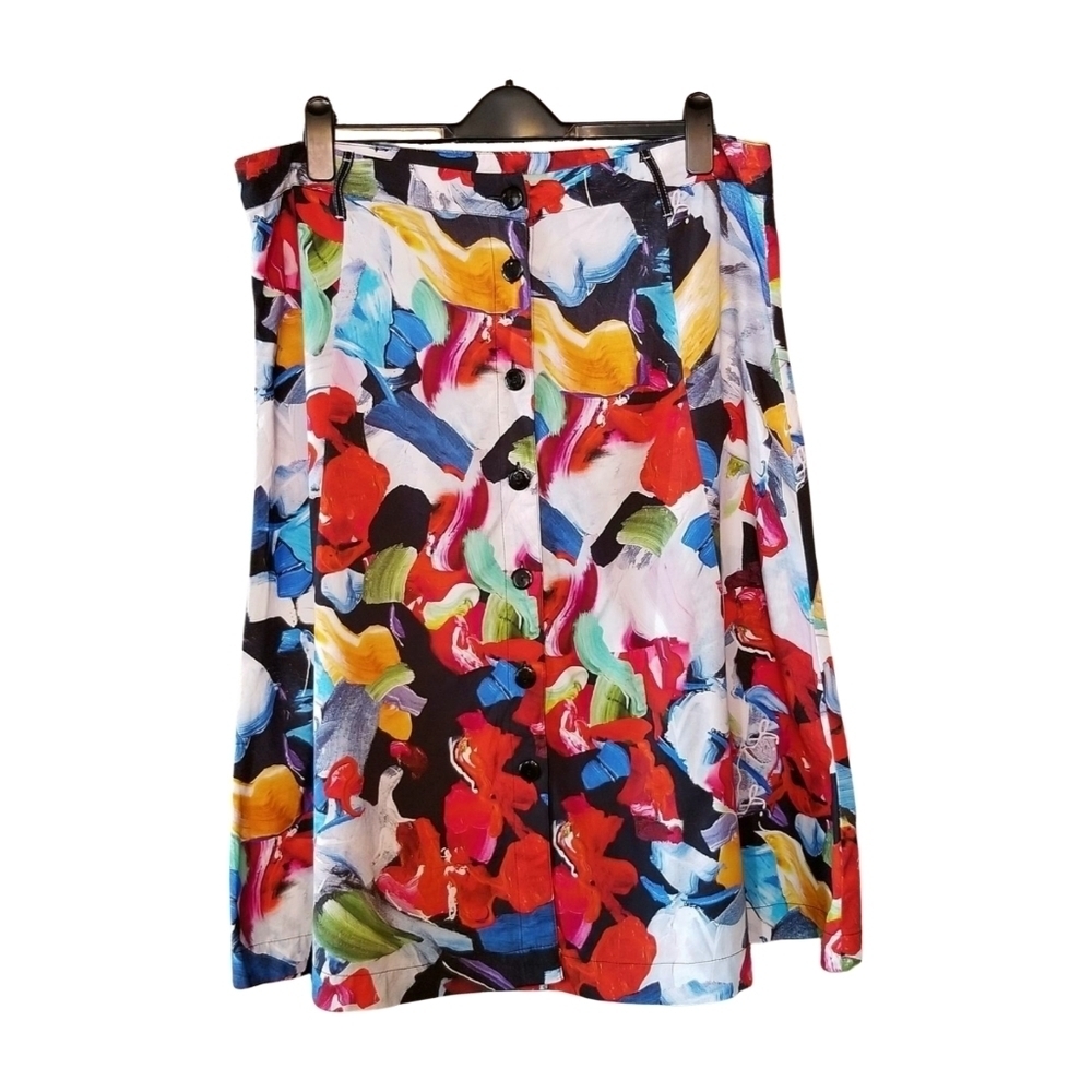 🇨🇦 Dolcezza Artsy Red Multicolor Pop Art Button-Front Midi Skirt Size 1X